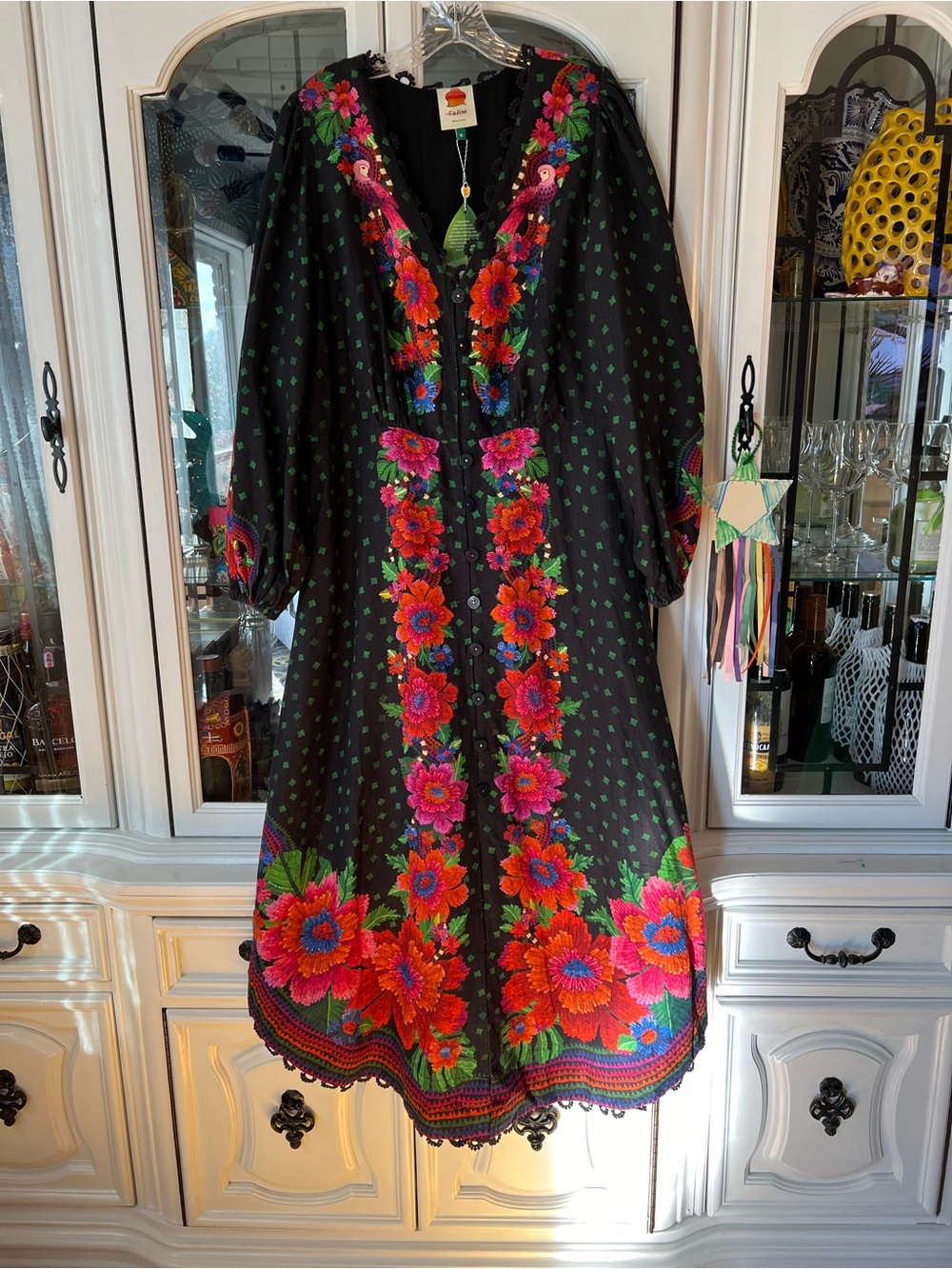 FARM Rio Blooming Gardens Black Maxi Kaftan Dress with Floral Print XL - Picture 7 of 16
